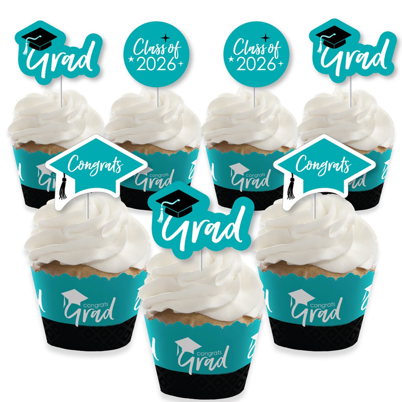 Big Dot of Happiness 2026 Teal Graduation Cupcake Decoration - Party Cupcake Wrappers and Treat Picks Kit - Set of 24